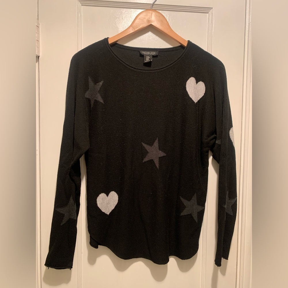 Rachel Zoe Black Star Heart Print Cashmere Blend Sweater Size M